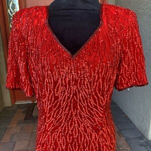 Vintage Stenay Old Hollywood Glam Red Beaded and Sequined Dress